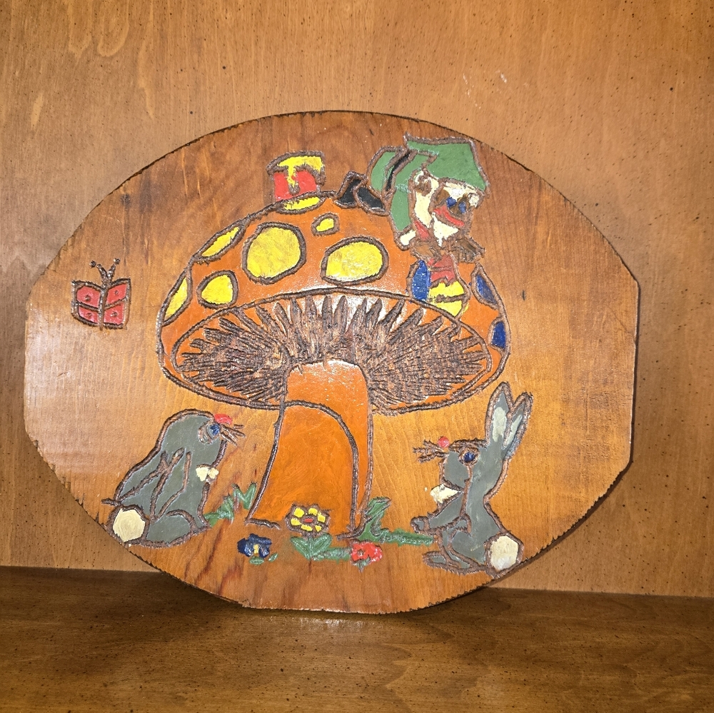 Vintage Hand Made Wooden Plaque with Mushroom and Animals Design